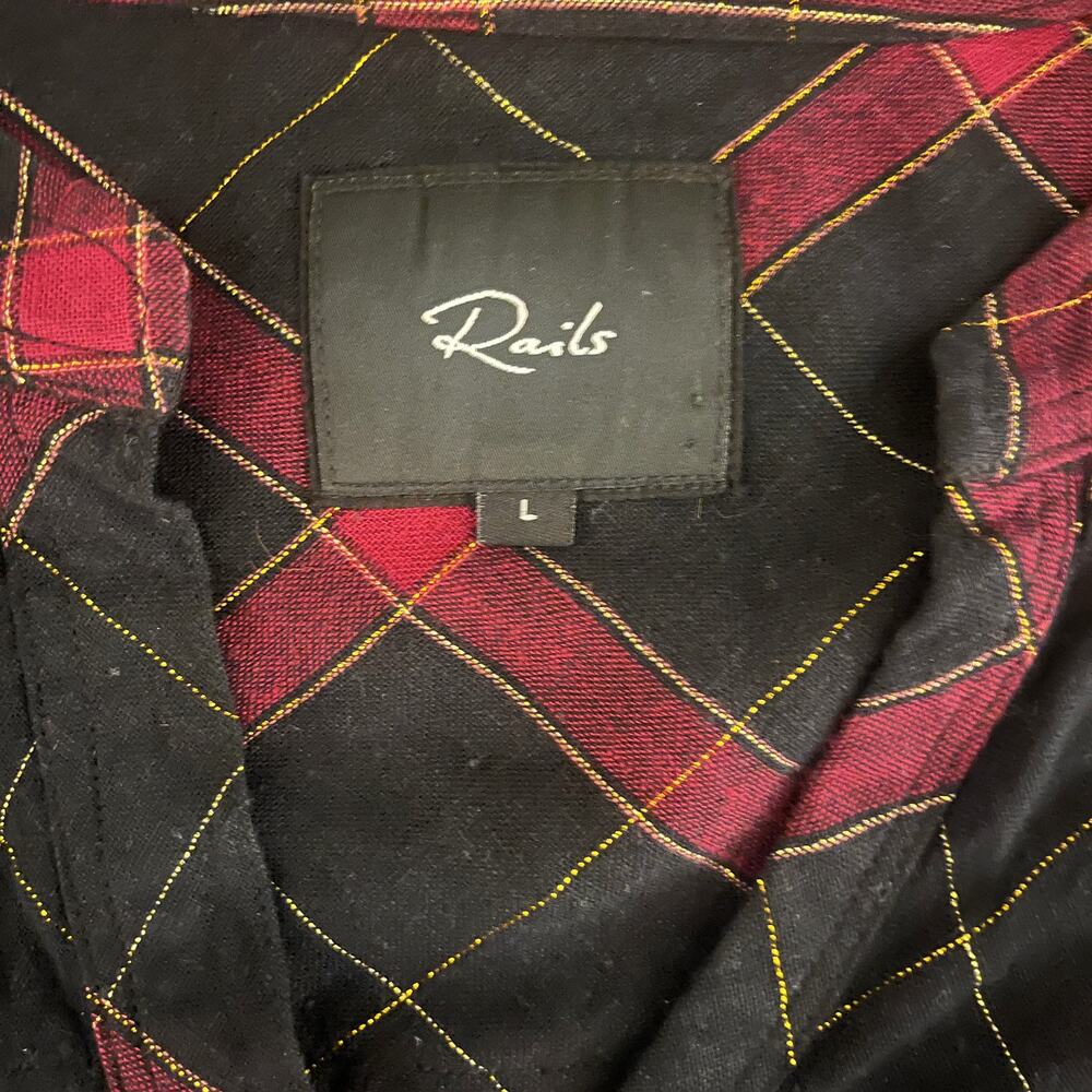 Rails Redding Linen Raw Hem Plaid Long Sleeve Popover Shirt Black Wine Gold Sz L - Picture 6 of 8